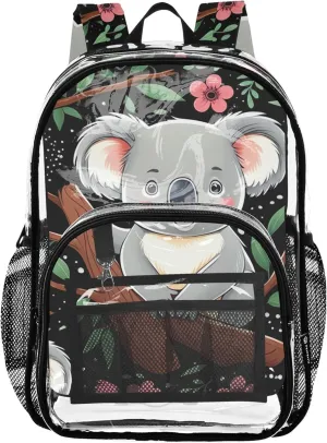 Girls Backpack for Kids Cute Koalas Branches Floral Clear Backpack Women Cute Plastic See through Bookbag