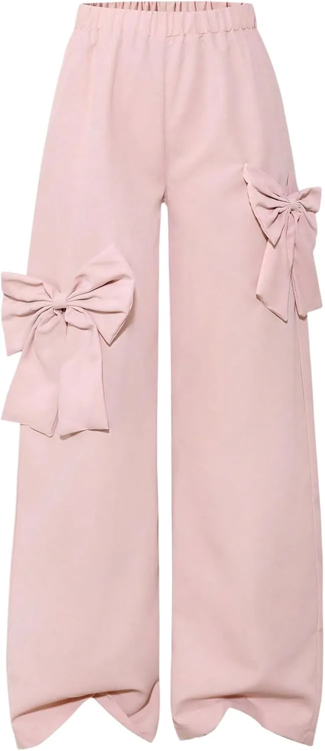 Girl's Bowknot Wide Leg Track Pants Elastic Waist Casual Baggy Trousers Streetwear