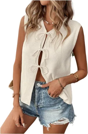 GORGLITTER Women's Bow Tie Front Tops Boho Sleeveless Knit Vests Cardigan Summer Spring Going Out Tops