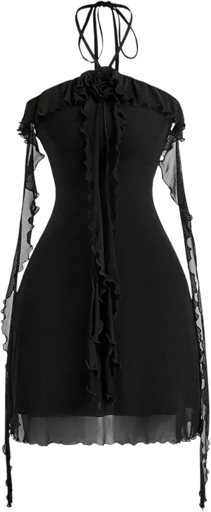 GORGLITTER Women's Floral Mesh Halter Bodycon Mini Dress Ruffle Tassel Open Back Tube Dresses Going Out Dress