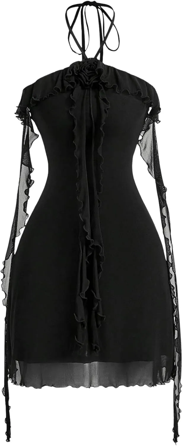GORGLITTER Women's Floral Mesh Halter Bodycon Mini Dress Ruffle Tassel Open Back Tube Dresses Going Out Dress