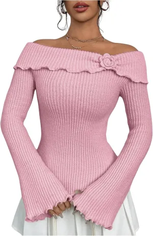 GORGLITTER Women's Floral Off The Shoulder Sweater Coquette Flare Sleeve Asymmetrical Knit Tops