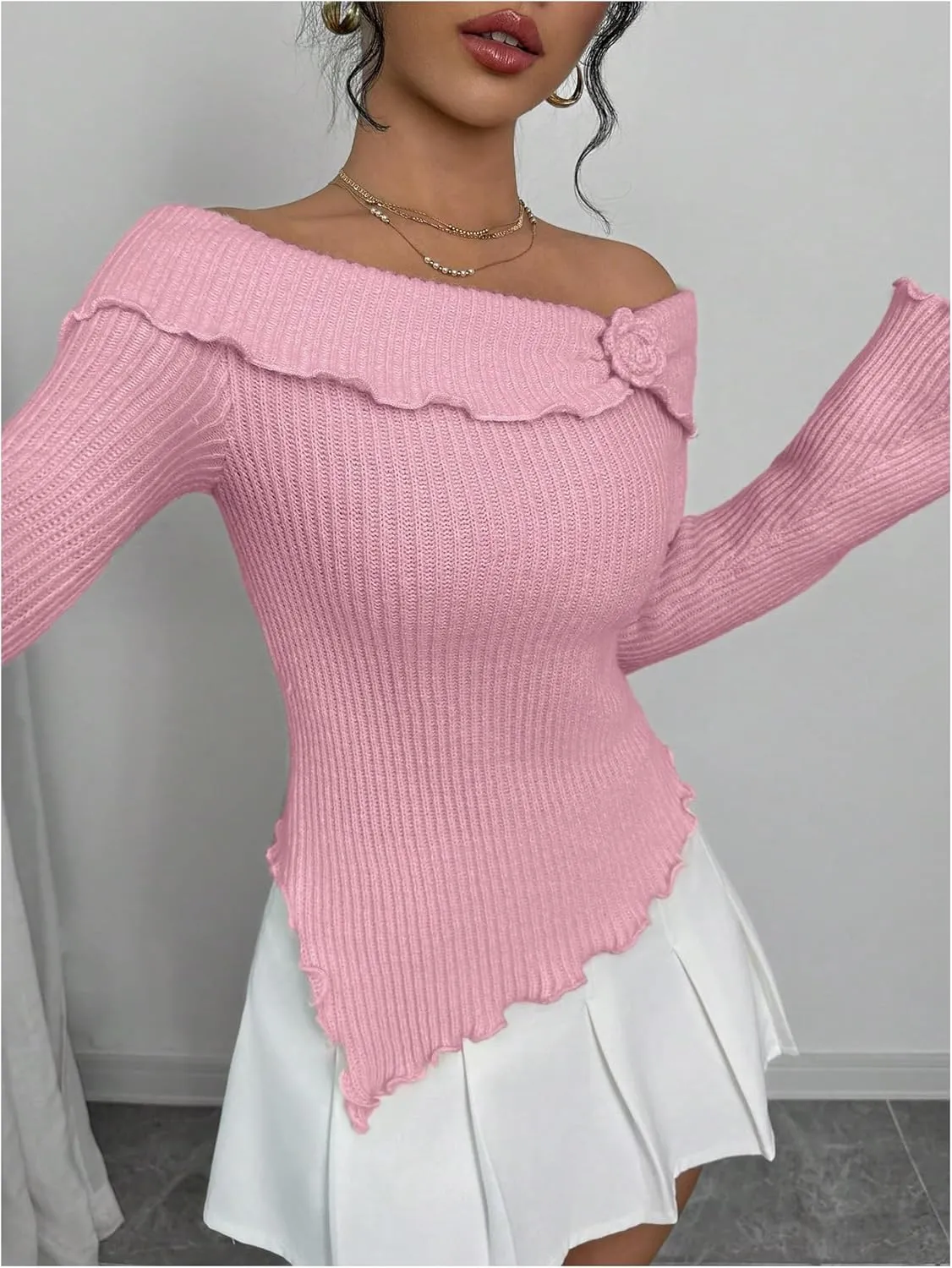 GORGLITTER Women's Floral Off The Shoulder Sweater Coquette Flare Sleeve Asymmetrical Knit Tops