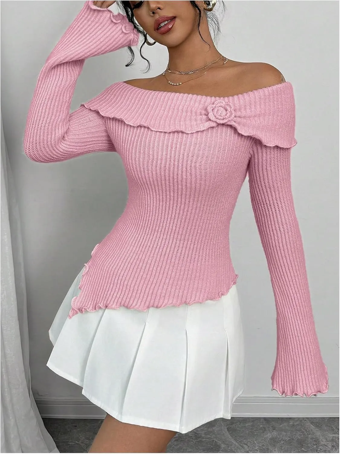 GORGLITTER Women's Floral Off The Shoulder Sweater Coquette Flare Sleeve Asymmetrical Knit Tops