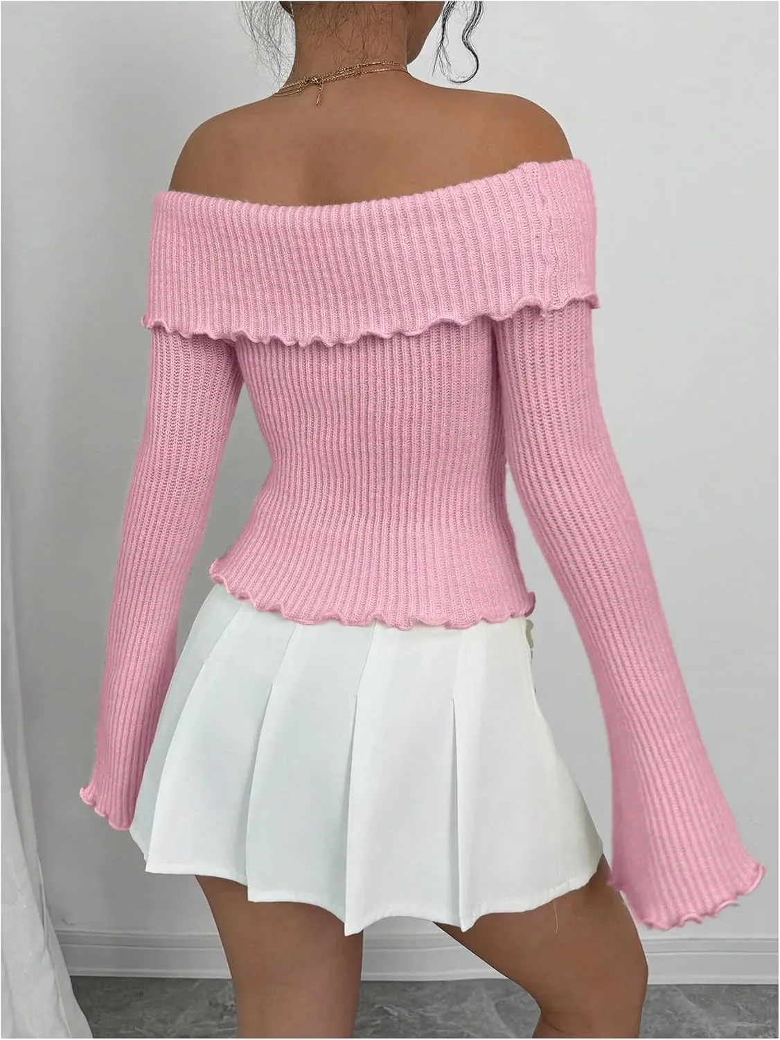 GORGLITTER Women's Floral Off The Shoulder Sweater Coquette Flare Sleeve Asymmetrical Knit Tops