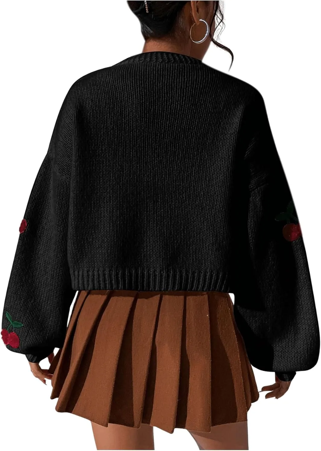 GORGLITTER Women's Graphic Cherry Cardigan Open Front Cable Knit Lantern Sleeve Cropped Cardigan Sweater