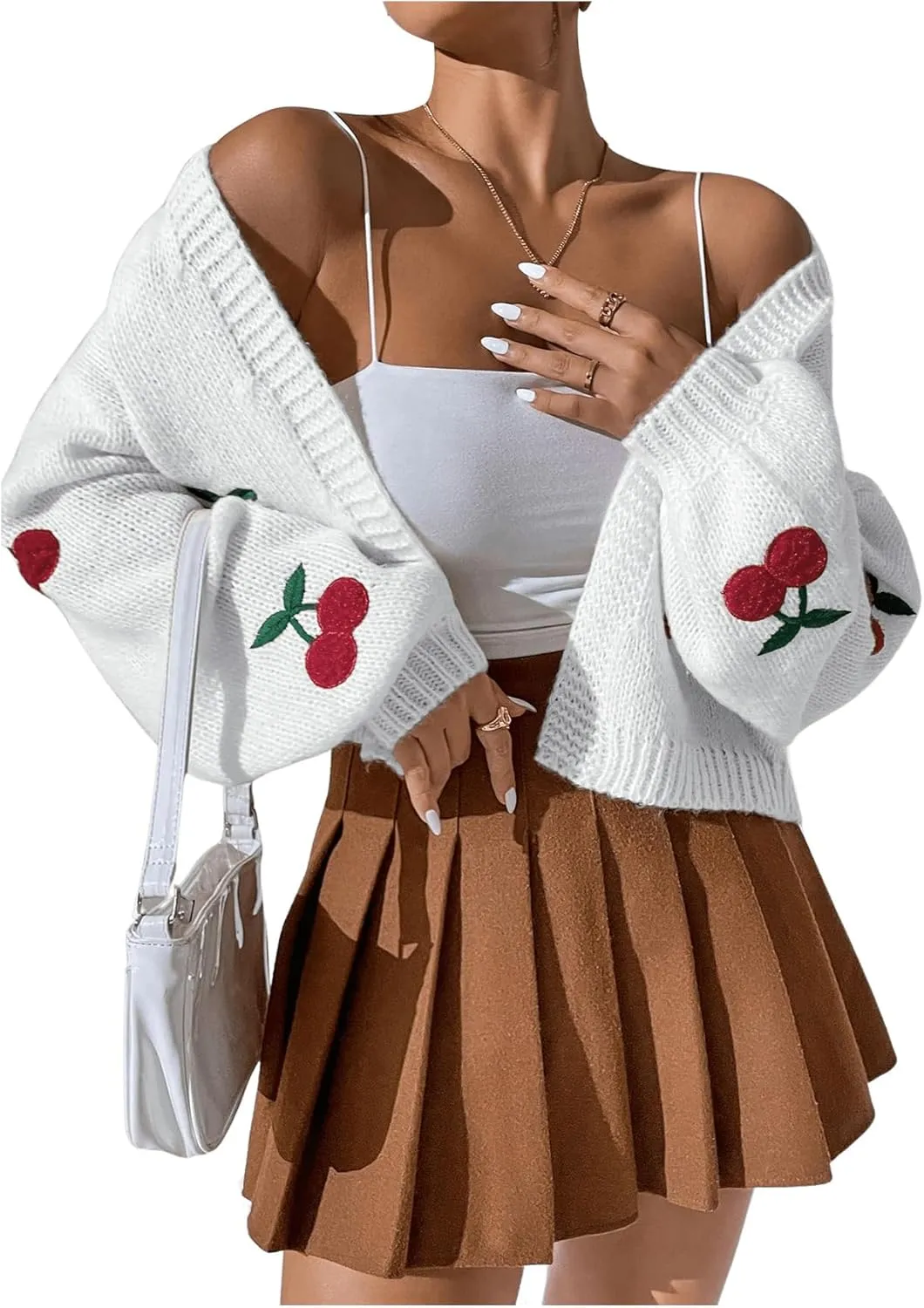 GORGLITTER Women's Graphic Cherry Cardigan Open Front Cable Knit Lantern Sleeve Cropped Cardigan Sweater