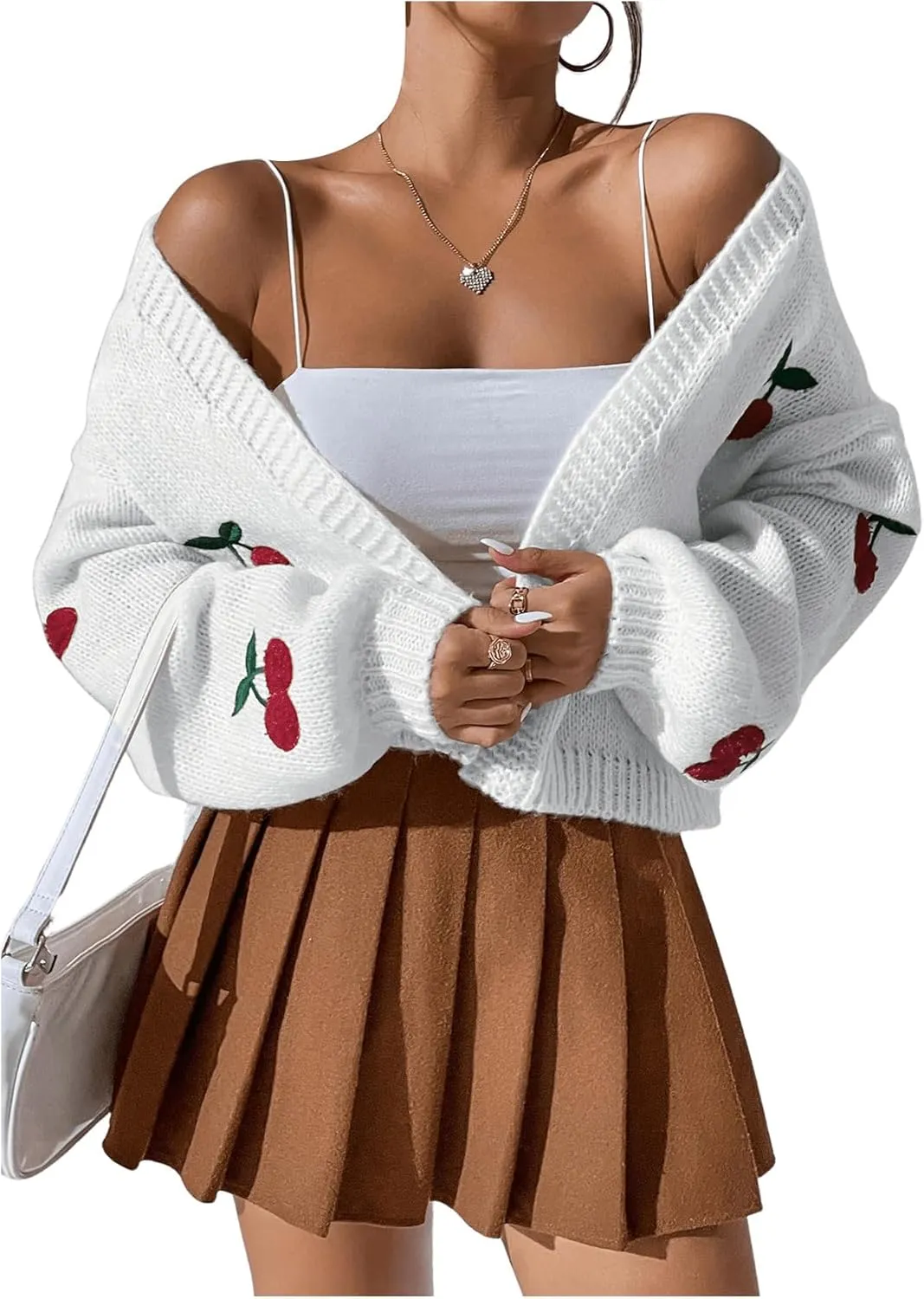 GORGLITTER Women's Graphic Cherry Cardigan Open Front Cable Knit Lantern Sleeve Cropped Cardigan Sweater