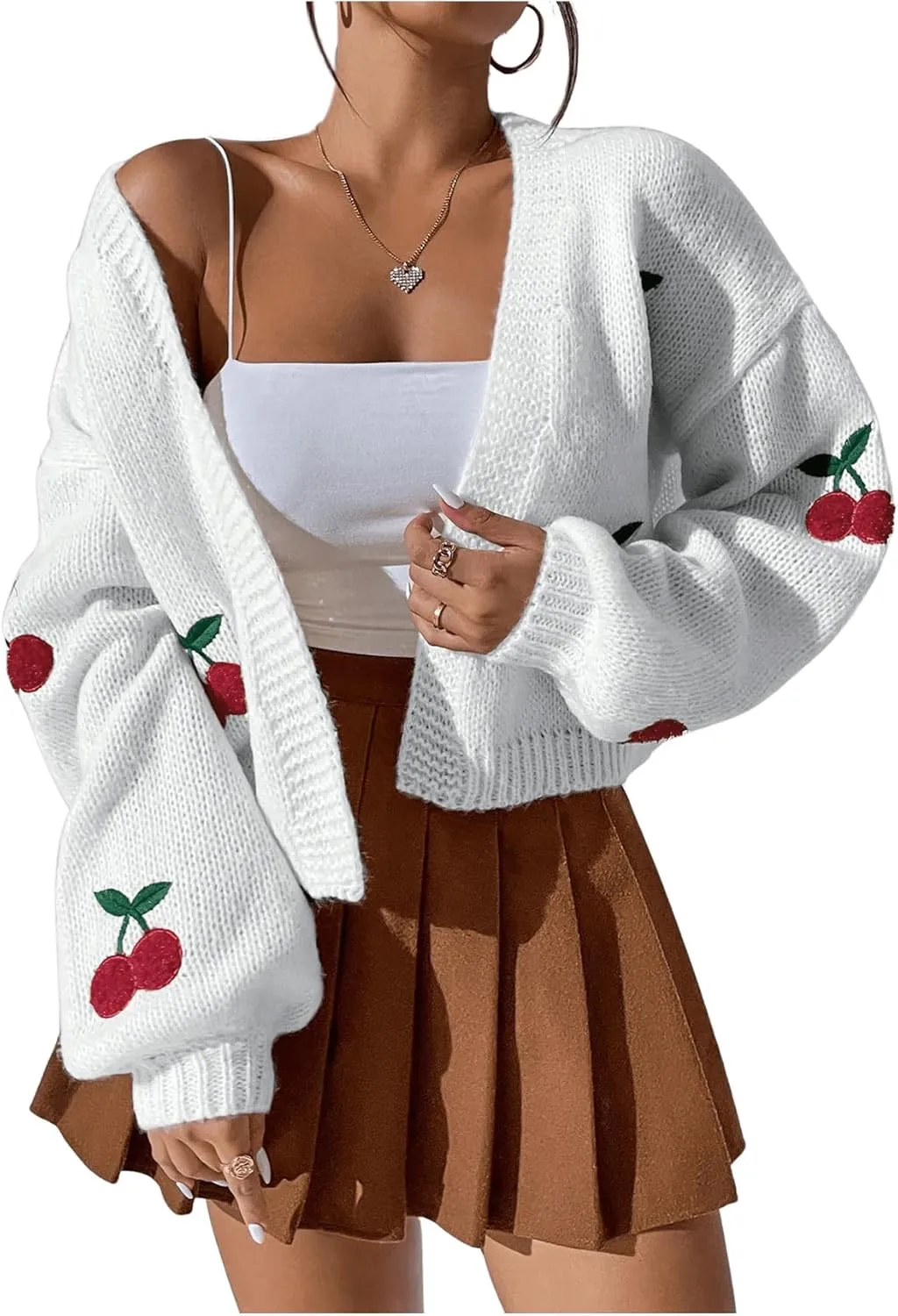 GORGLITTER Women's Graphic Cherry Cardigan Open Front Cable Knit Lantern Sleeve Cropped Cardigan Sweater