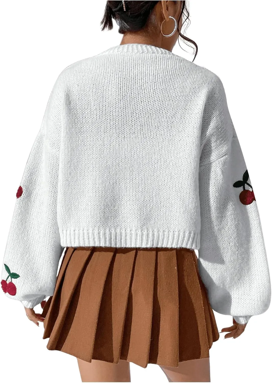GORGLITTER Women's Graphic Cherry Cardigan Open Front Cable Knit Lantern Sleeve Cropped Cardigan Sweater