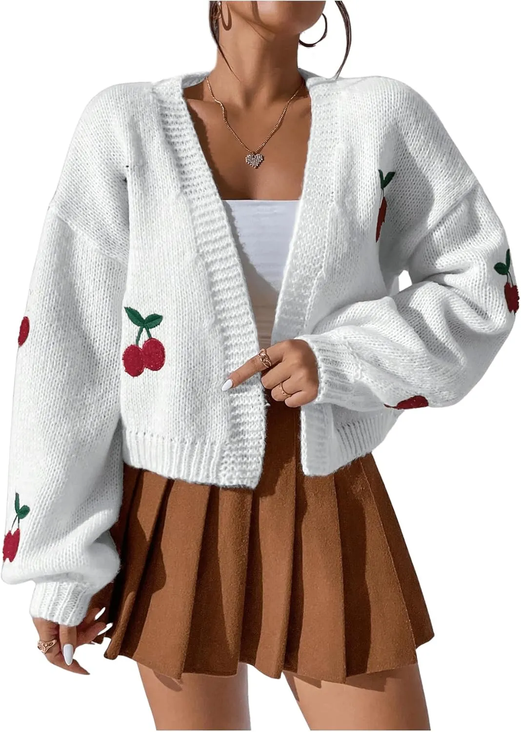 GORGLITTER Women's Graphic Cherry Cardigan Open Front Cable Knit Lantern Sleeve Cropped Cardigan Sweater