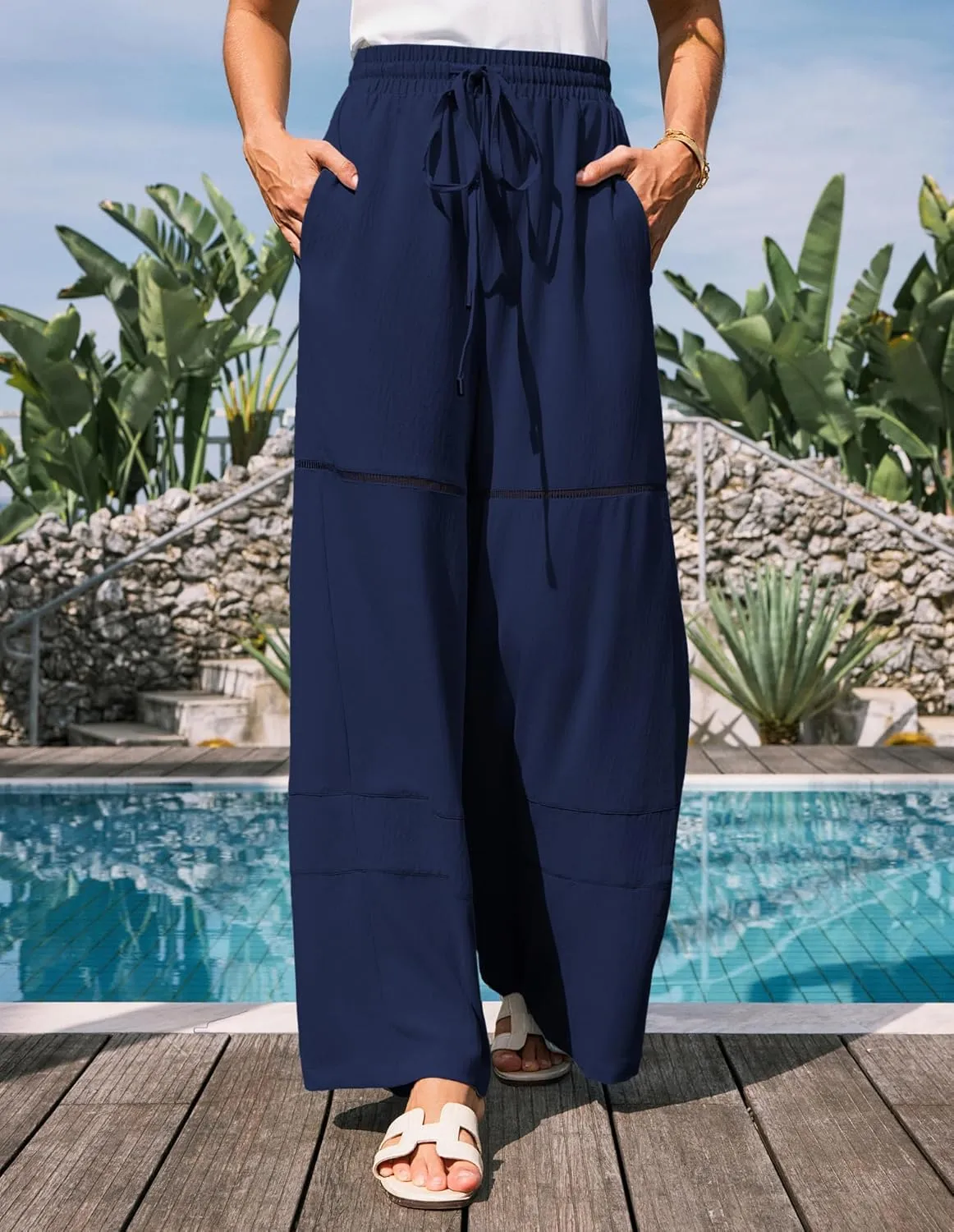 GRACE KARIN Women's Summer Palazzo Pants Vacation Outfits High Waisted Hollow Out Wide Leg Trouser with Pockets