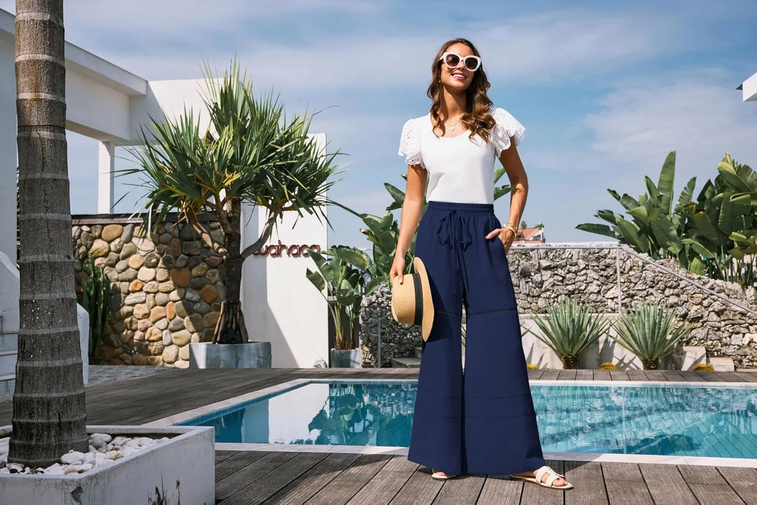 GRACE KARIN Women's Summer Palazzo Pants Vacation Outfits High Waisted Hollow Out Wide Leg Trouser with Pockets
