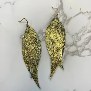 Green Iridescent Genuine Leather Feather Earrings