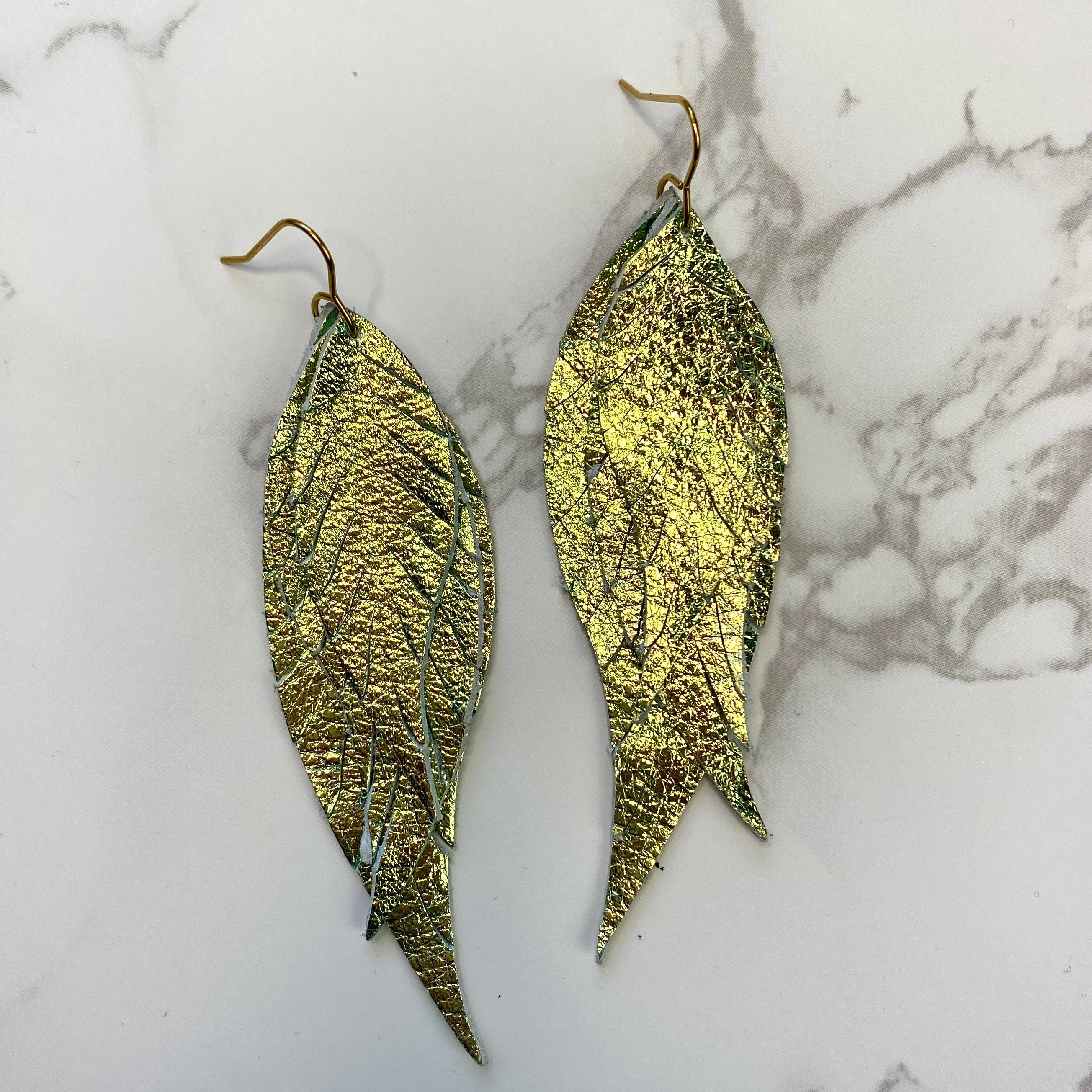 Green Iridescent Genuine Leather Feather Earrings