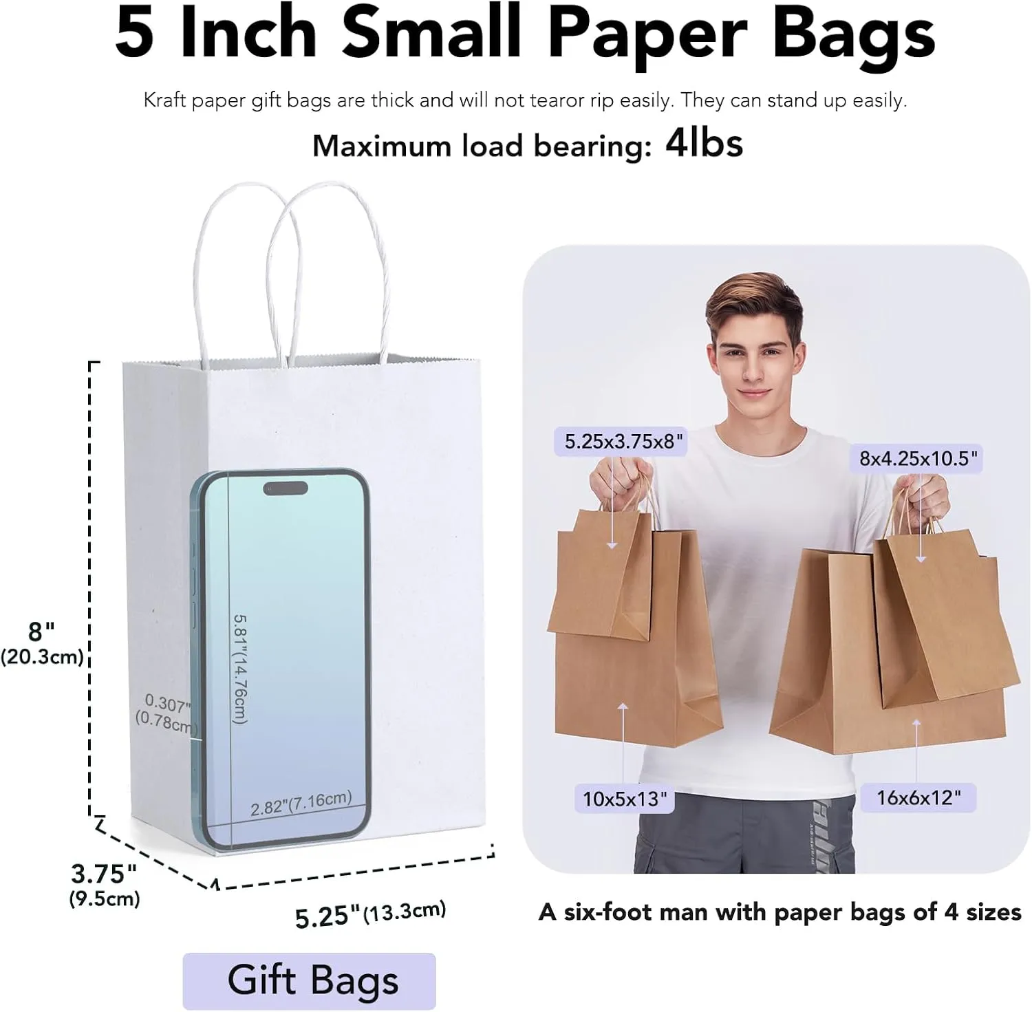GSSUSA 5.25x3.75x8 20Pcs White Paper Bags With Handles?Small Gift Bags for Shopping,Craft,GroceryParty,Retail,Lunch,Business,Wedding,Merchandise,Boutique
