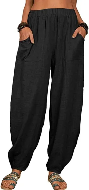 Guteidee Womens Cotton Blend Harem Beach Lightweight Tapered Baggy Pants Summer