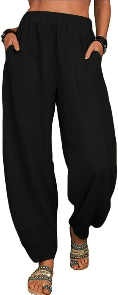 Guteidee Womens Cotton Blend Harem Beach Lightweight Tapered Baggy Pants Summer