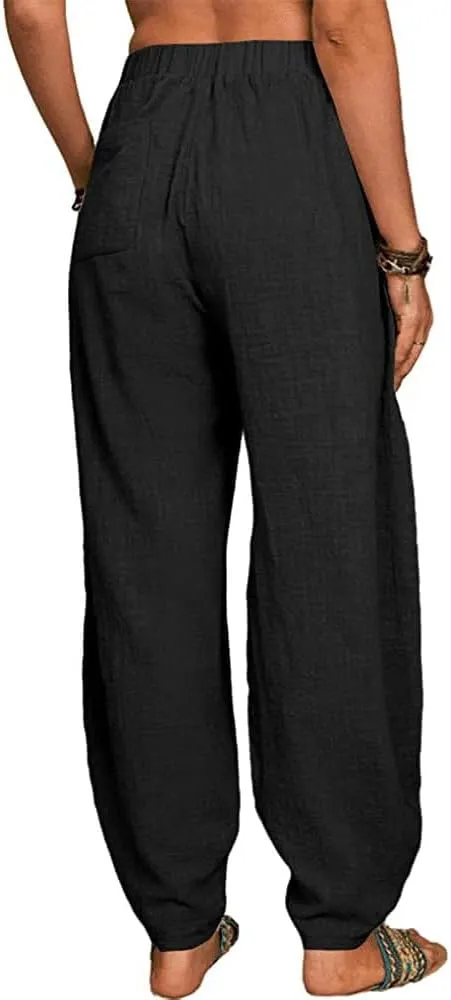 Guteidee Womens Cotton Blend Harem Beach Lightweight Tapered Baggy Pants Summer