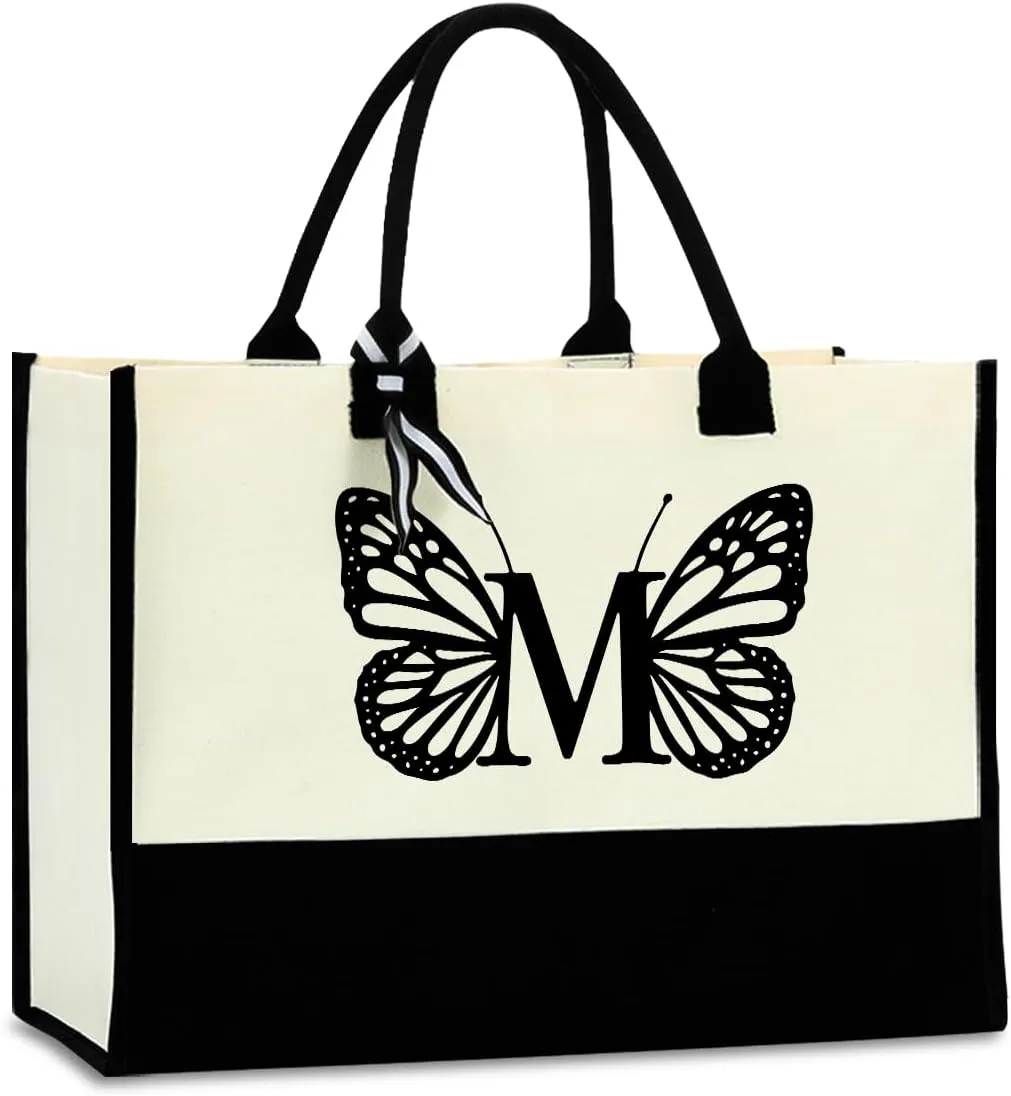Hanamiya Na Butterfly Initial Canvas Tote Bag Personalized Beach Bag Reusable Grocery Bags Monogrammed Gifts