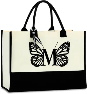 Hanamiya Na Butterfly Initial Canvas Tote Bag Personalized Beach Bag Reusable Grocery Bags Monogrammed Gifts