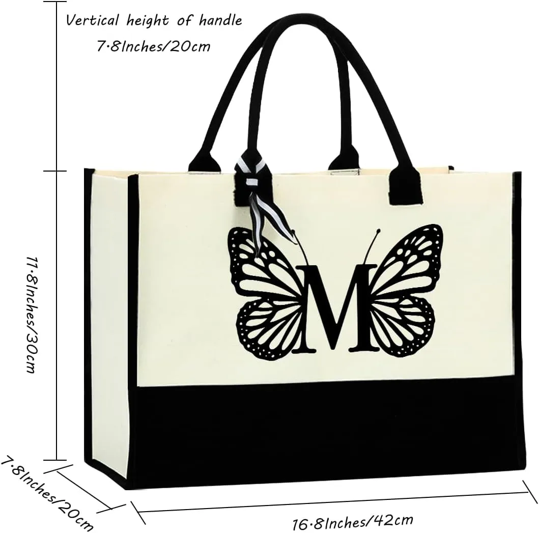 Hanamiya Na Butterfly Initial Canvas Tote Bag Personalized Beach Bag Reusable Grocery Bags Monogrammed Gifts
