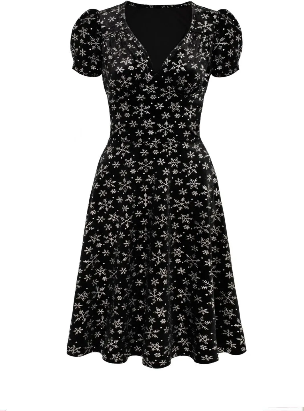 Hell Bunny Eve Women's Snowflake Print Velvet Midi Dress, V-Neck, Short Puff Sleeves, Black with Silver Metallic, XS-6X