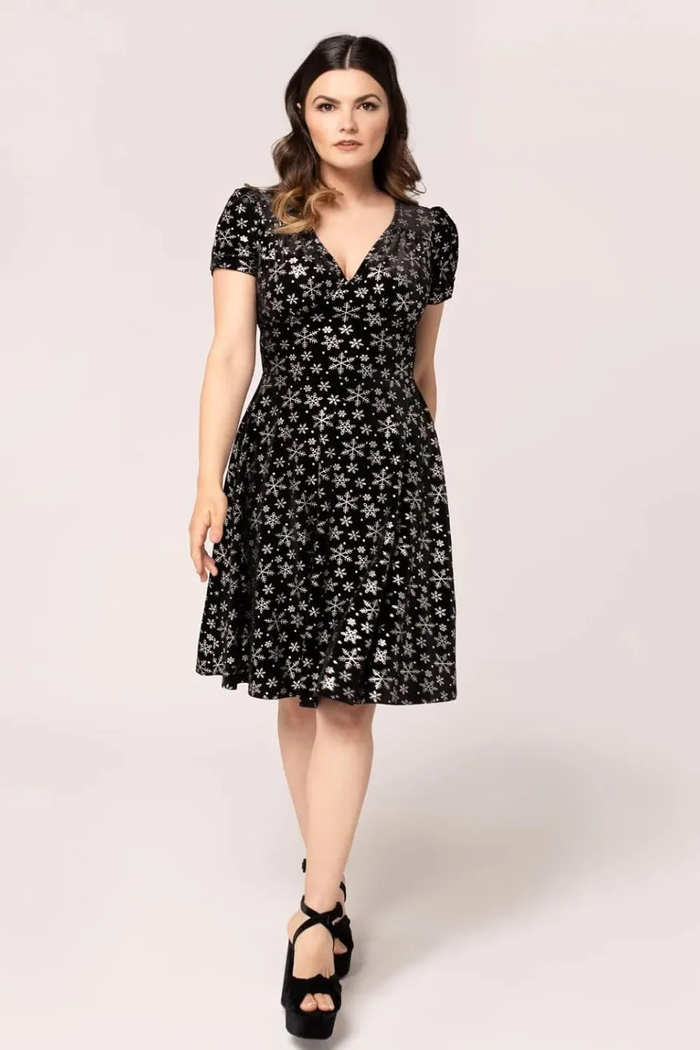 Hell Bunny Eve Women's Snowflake Print Velvet Midi Dress, V-Neck, Short Puff Sleeves, Black with Silver Metallic, XS-6X
