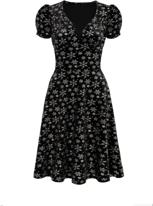 Hell Bunny Eve Women's Snowflake Print Velvet Midi Dress, V-Neck, Short Puff Sleeves, Black with Silver Metallic, XS-6X