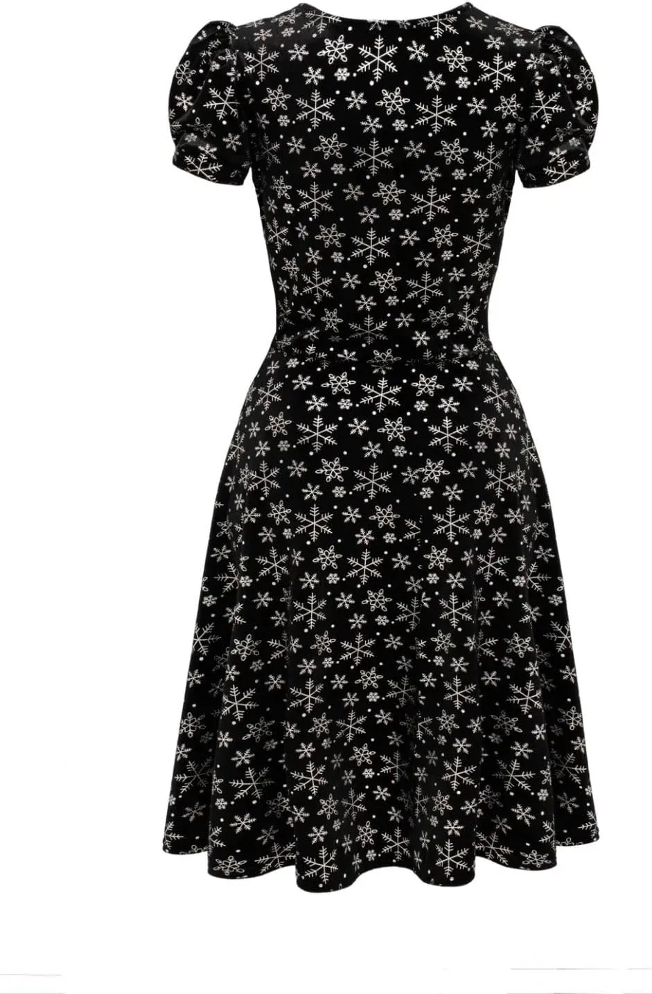 Hell Bunny Eve Women's Snowflake Print Velvet Midi Dress, V-Neck, Short Puff Sleeves, Black with Silver Metallic, XS-6X