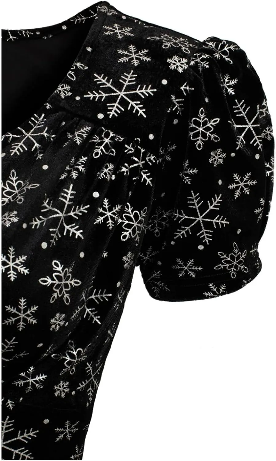 Hell Bunny Eve Women's Snowflake Print Velvet Midi Dress, V-Neck, Short Puff Sleeves, Black with Silver Metallic, XS-6X