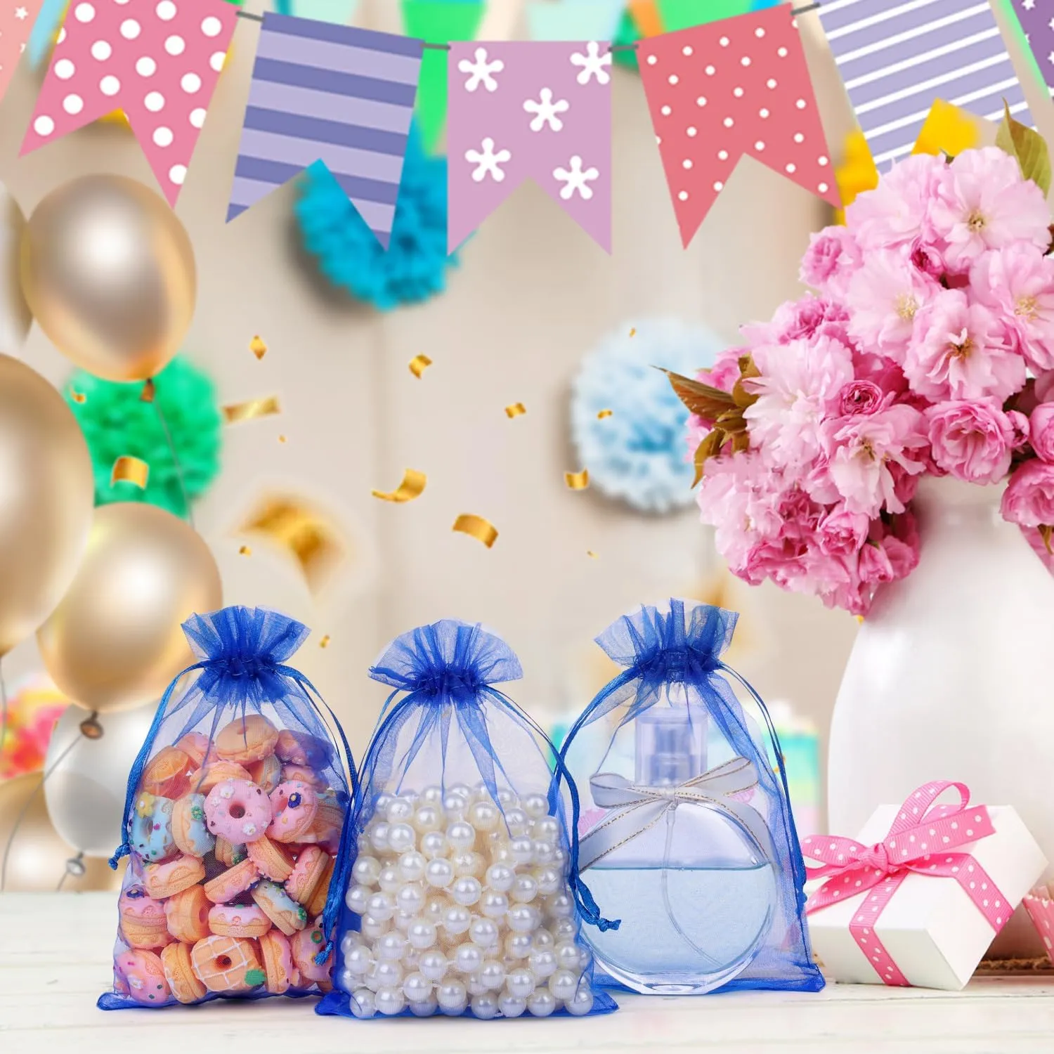 Hopttreely 100pcs Organza Bags, 4 x 6 inch Mesh Drawstring Gift Bags, Royal Blue Jewelry Pouches Small Sachet for Christmas Candy Party Favor