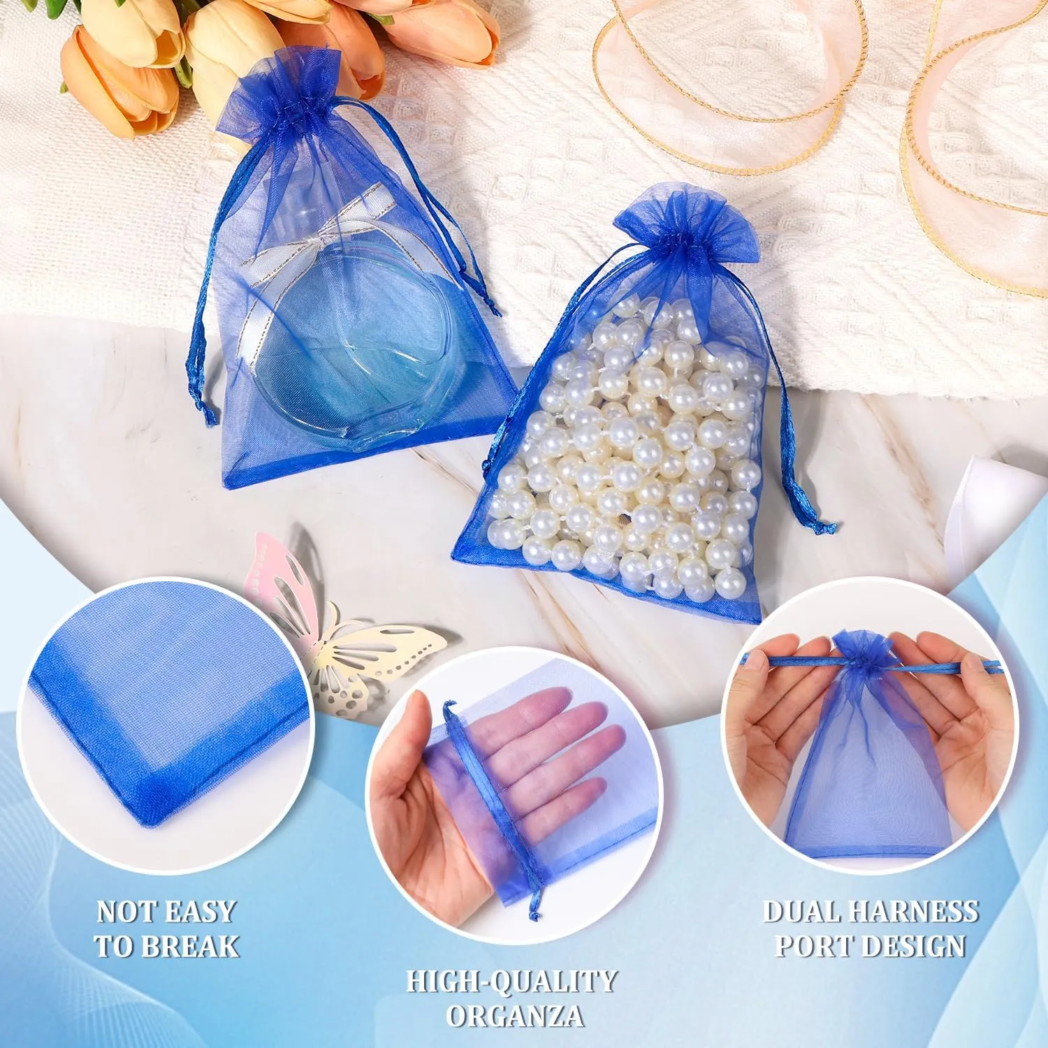 Hopttreely 100pcs Organza Bags, 4 x 6 inch Mesh Drawstring Gift Bags, Royal Blue Jewelry Pouches Small Sachet for Christmas Candy Party Favor
