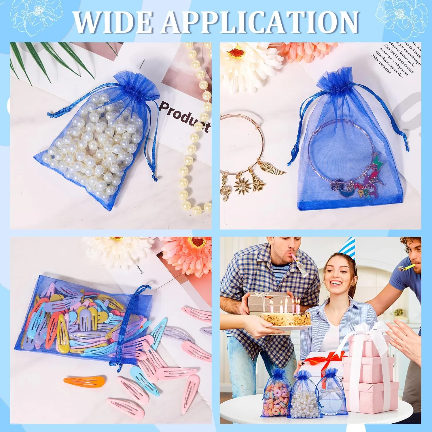 Hopttreely 100pcs Organza Bags, 4 x 6 inch Mesh Drawstring Gift Bags, Royal Blue Jewelry Pouches Small Sachet for Christmas Candy Party Favor