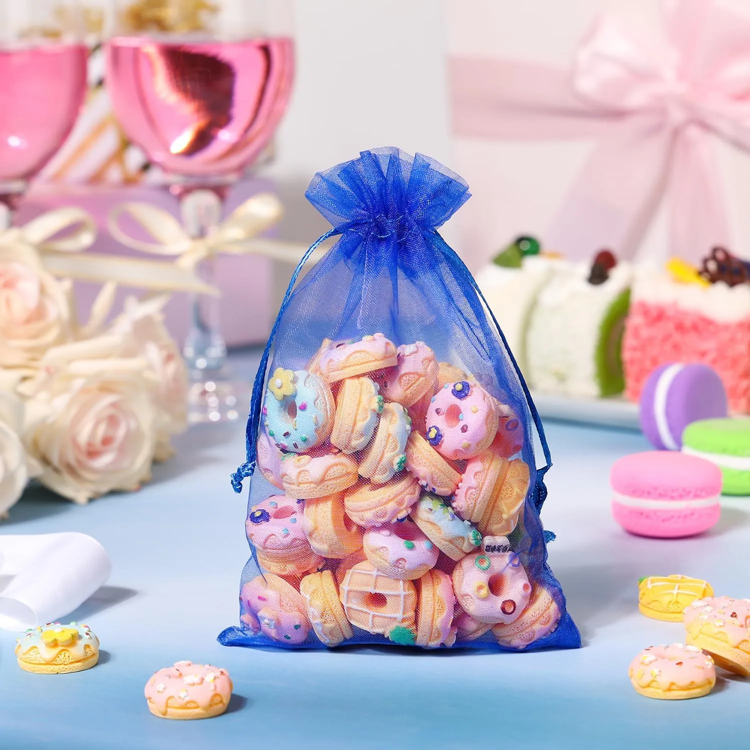 Hopttreely 100pcs Organza Bags, 4 x 6 inch Mesh Drawstring Gift Bags, Royal Blue Jewelry Pouches Small Sachet for Christmas Candy Party Favor