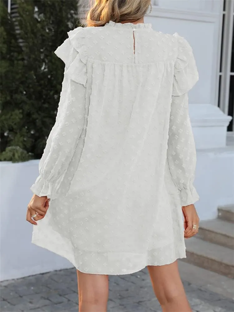HOULENGS Women's Casual Ruffle Long Sleeve Chiffon Dresses Crew Neck A Line Swing Mini Dress