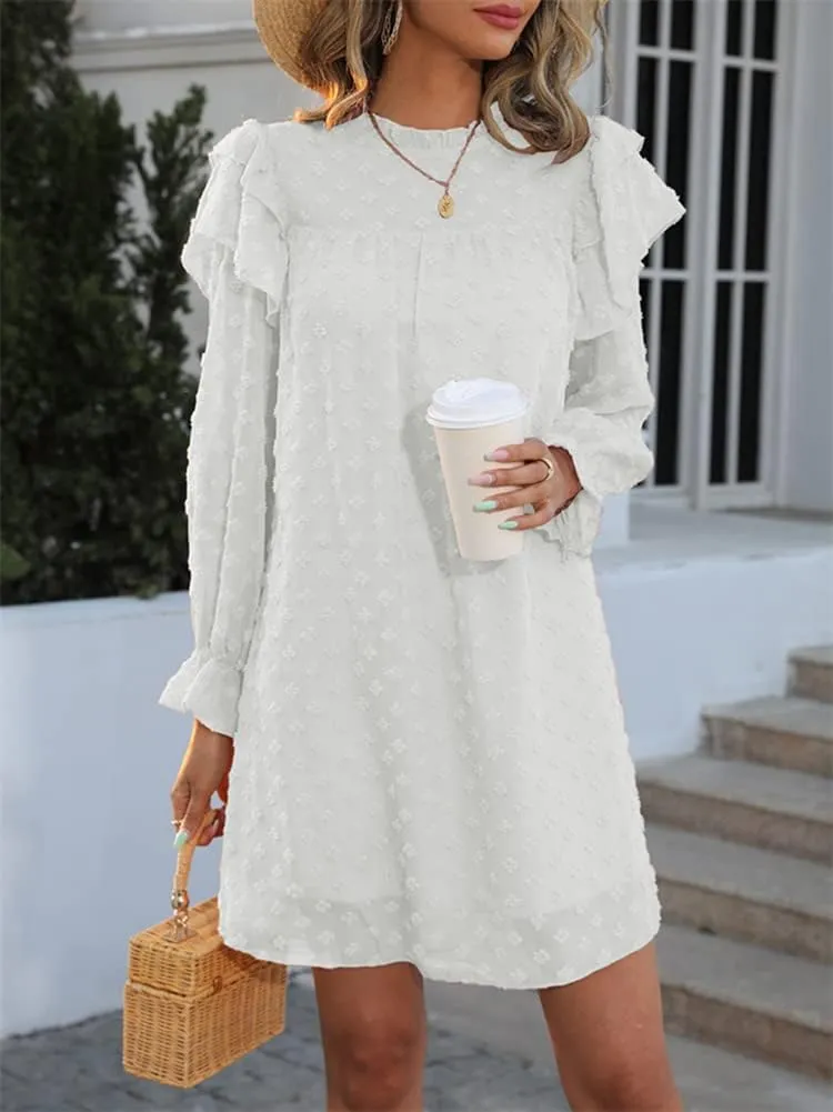 HOULENGS Women's Casual Ruffle Long Sleeve Chiffon Dresses Crew Neck A Line Swing Mini Dress