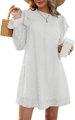 HOULENGS Women's Casual Ruffle Long Sleeve Chiffon Dresses Crew Neck A Line Swing Mini Dress