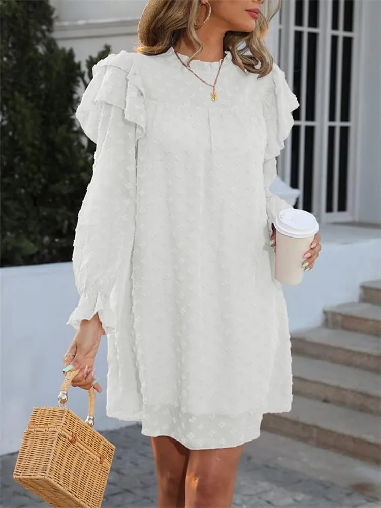 HOULENGS Women's Casual Ruffle Long Sleeve Chiffon Dresses Crew Neck A Line Swing Mini Dress