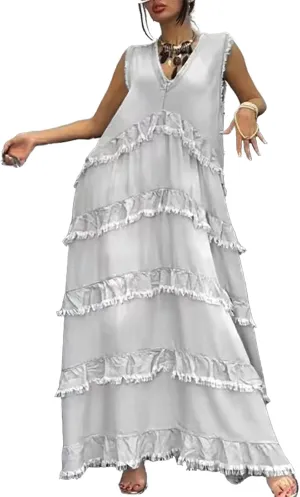 HOULENGS Women's Summer Sleevelesss Layered Maxi Sundress Casual V Neck Flowy Denim Long Dresses