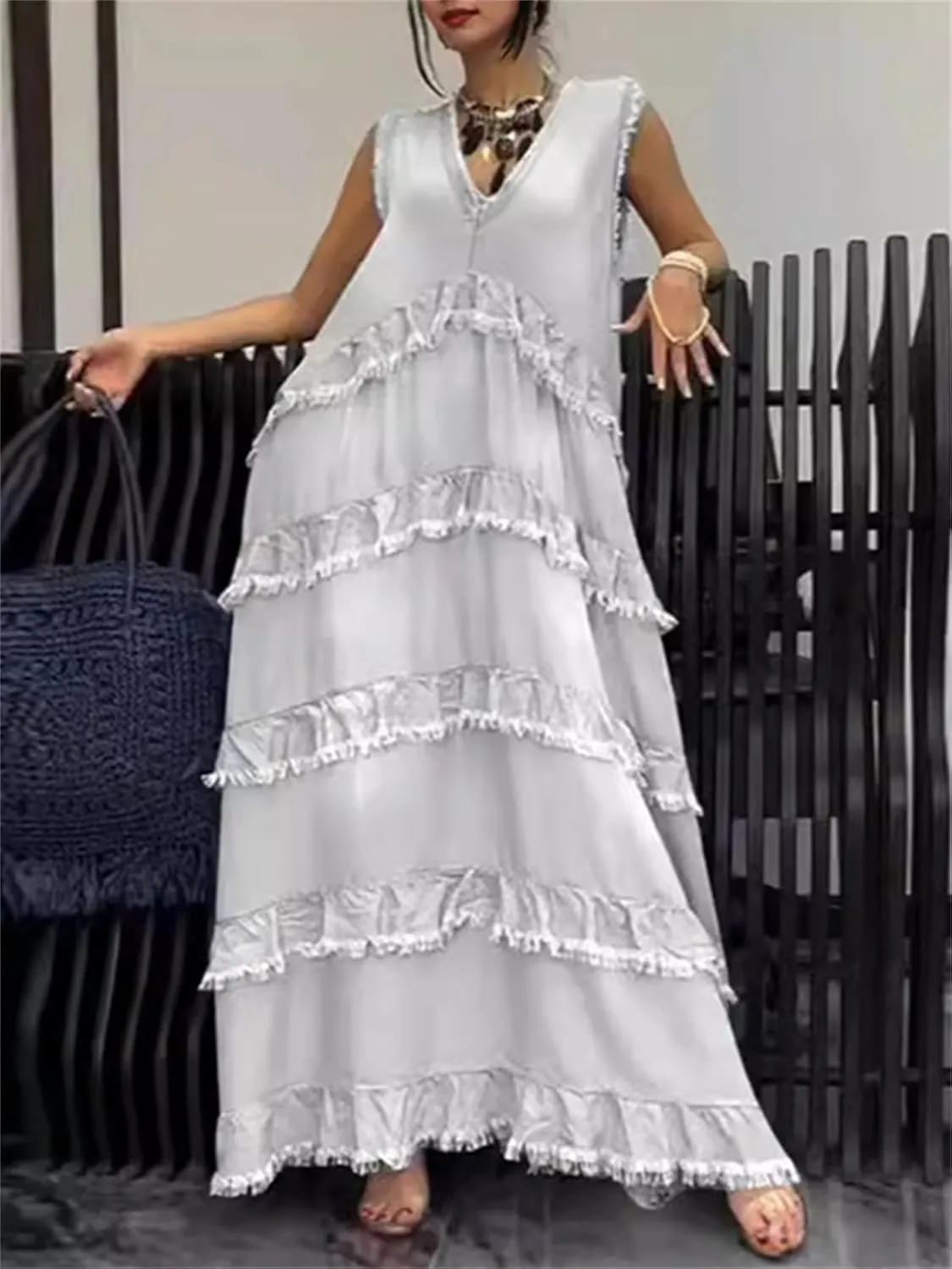 HOULENGS Women's Summer Sleevelesss Layered Maxi Sundress Casual V Neck Flowy Denim Long Dresses