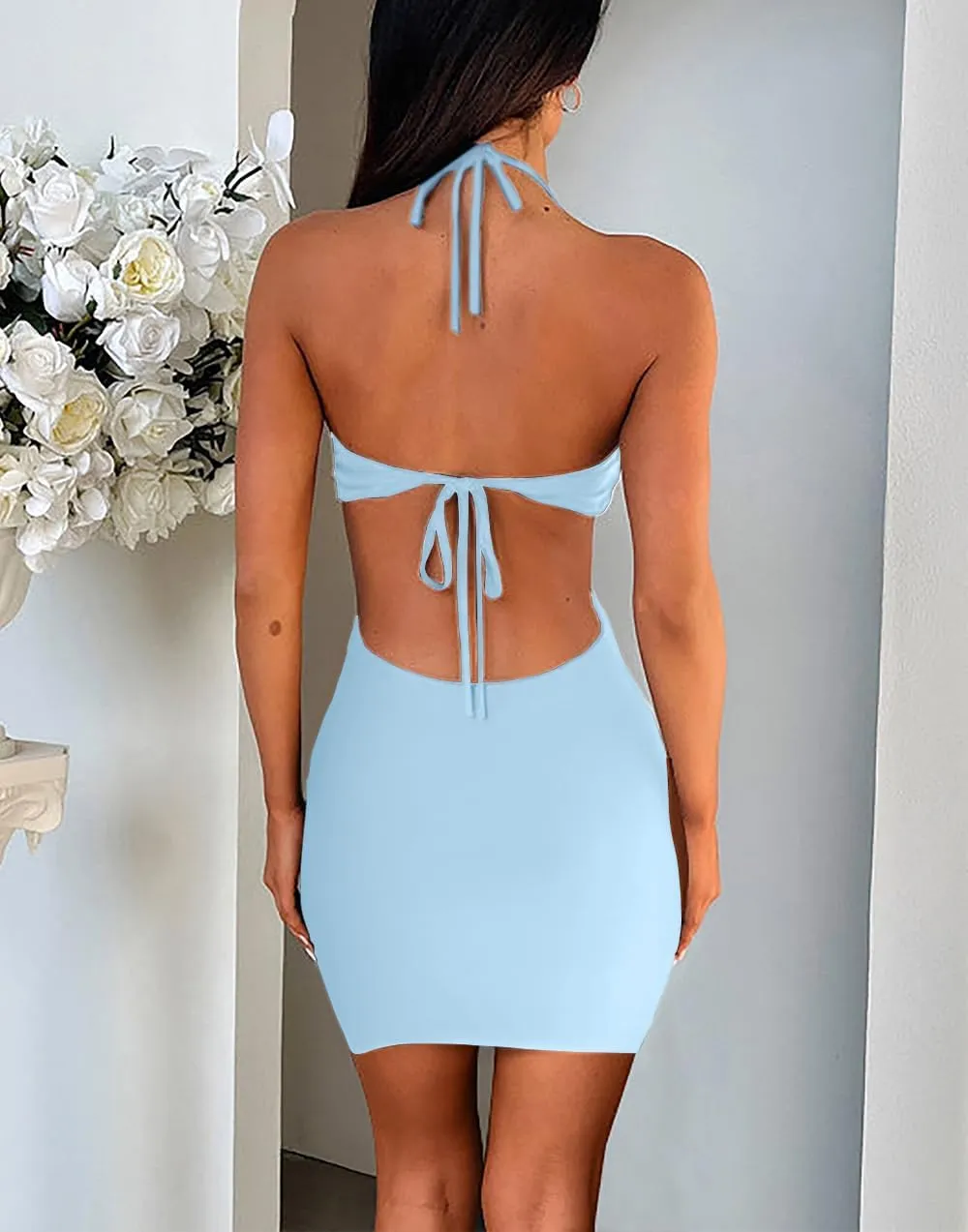 HYPERFIRE Women's Sexy Halter Ruffle V Neck Cut Out Waist Mesh Mini Dress Sleeveless Tie Back Bodycon Dresses