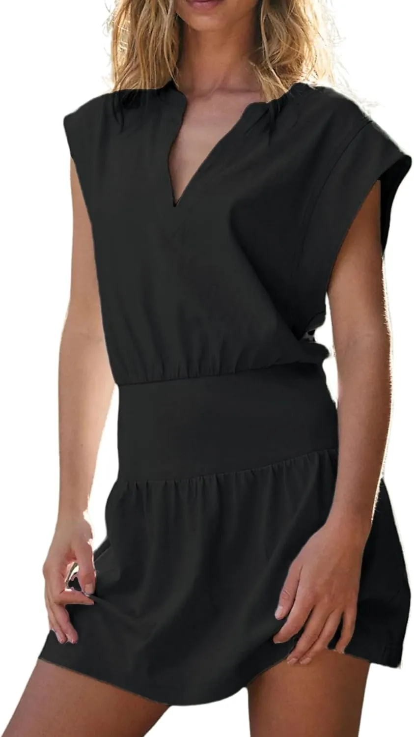 InterNos Womens Summer Mini Dress Lightweight V Neck Cap Sleeves A-Line Casual Athletic Dress