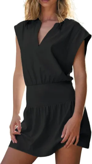 InterNos Womens Summer Mini Dress Lightweight V Neck Cap Sleeves A-Line Casual Athletic Dress