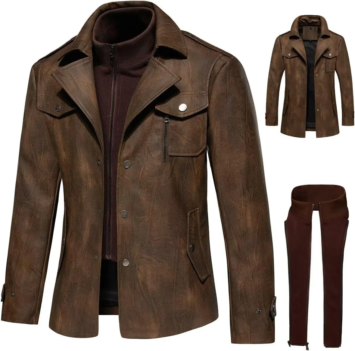 INVACHI Men's Leather Trench Coat Waterproof PU Windbreaker Jacket with Detachable Collar Overcoat