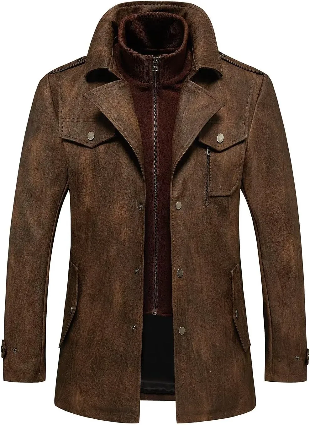 INVACHI Men's Leather Trench Coat Waterproof PU Windbreaker Jacket with Detachable Collar Overcoat
