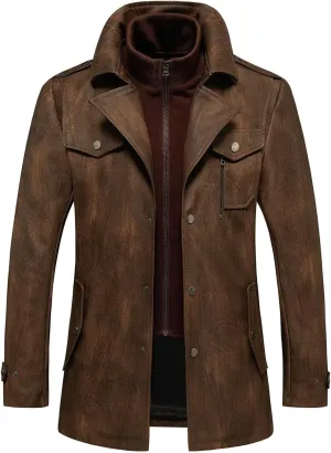 INVACHI Men's Leather Trench Coat Waterproof PU Windbreaker Jacket with Detachable Collar Overcoat