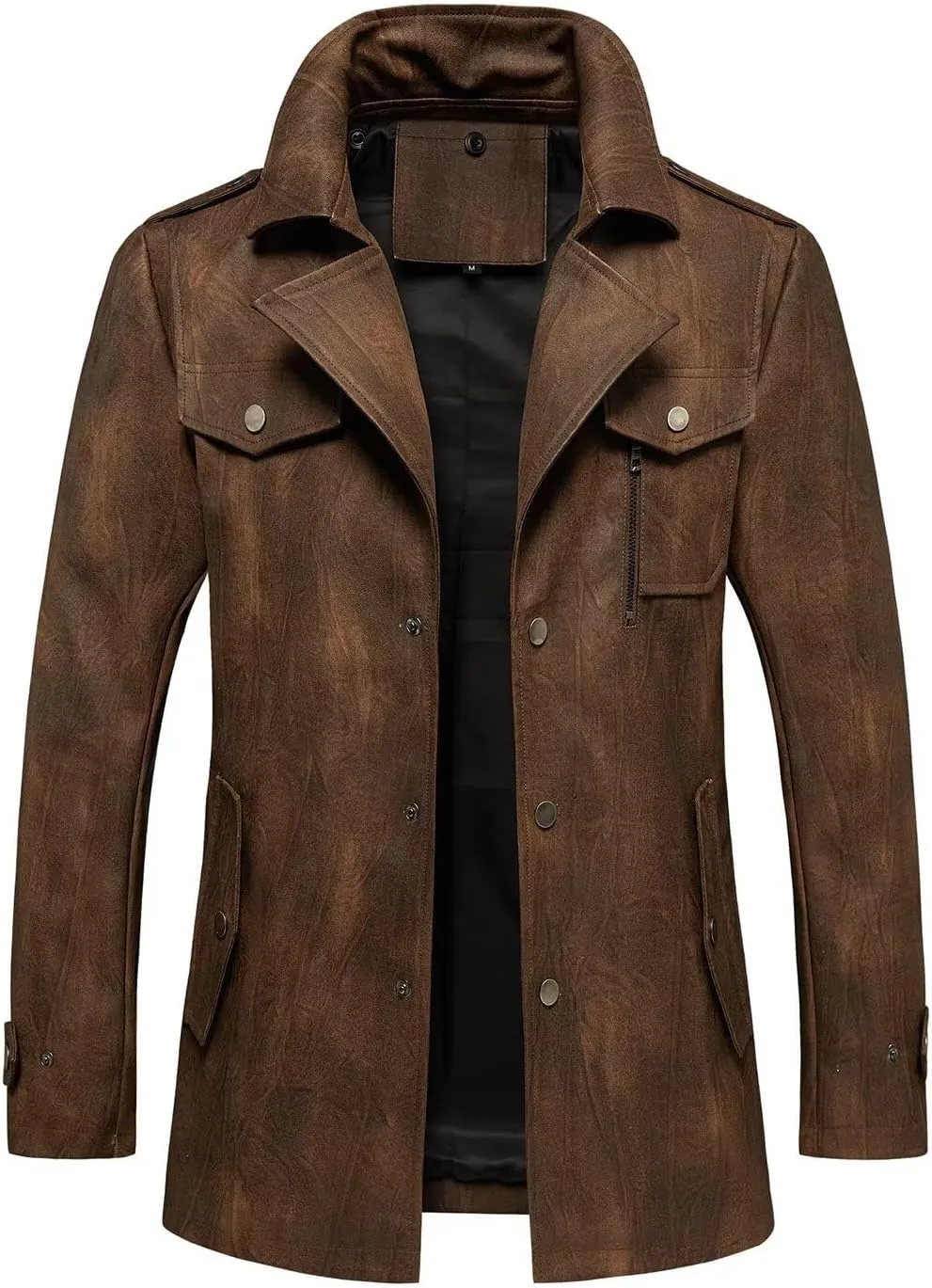 INVACHI Men's Leather Trench Coat Waterproof PU Windbreaker Jacket with Detachable Collar Overcoat