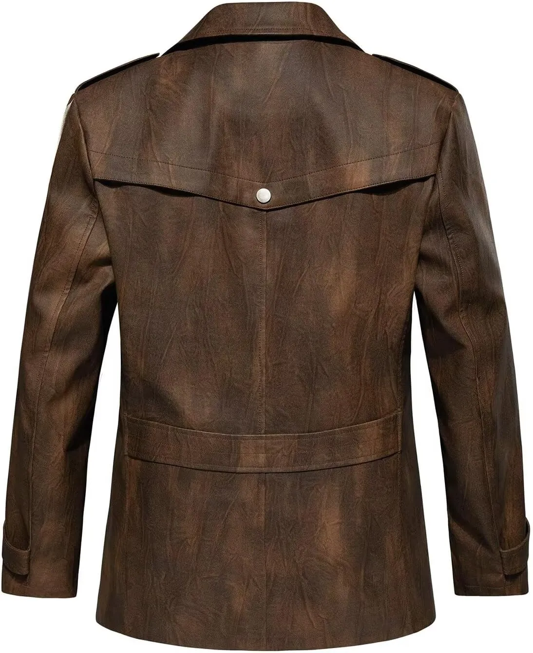 INVACHI Men's Leather Trench Coat Waterproof PU Windbreaker Jacket with Detachable Collar Overcoat