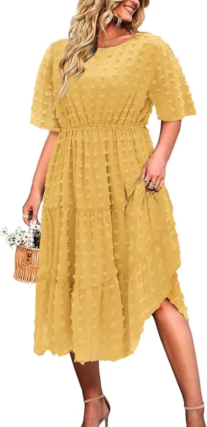 IN'VOLAND Womens Plus Size Swiss Dot Dress Chiffon Short Sleeve High Waist A Line Ruffle Tiered Babydoll Midi Dress Yellow